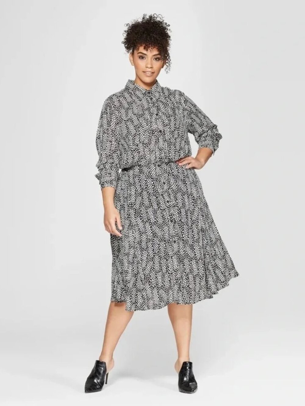 NWT WHO WHAT WEAR Black White Domino Dots Collar Long Sleeve Dress – Med